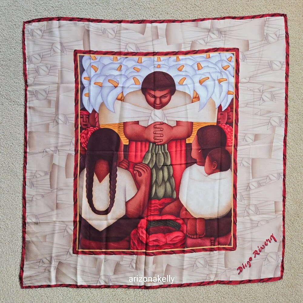 Pineda Covalin Silk Scarf Diego Rivero Mexico Hand Rolled Art